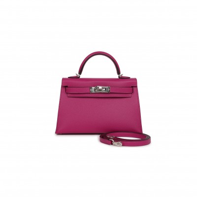 HERMÈS MINI KELLY II SELLIER ROSE POURPRE VERSO EPSOM PALLADIUM HARDWARE (19*12*5.5cm) 